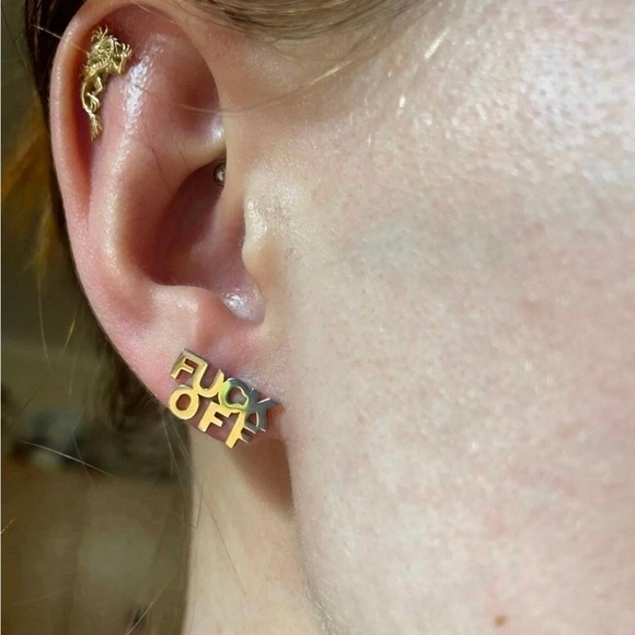 NEW 18K Gold Plated “F*ck Off” Post Stud Earrings Over 316L Stainless Steel - Picture 3 of 6